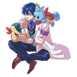 1boy animal animal_on_head aqua_eyes aqua_sweater_vest armband blue_hair blue_pants blue_sky border brown_shoes clothed_pokemon coat crossover cyndaquil day full_body gen_1_pokemon gen_2_pokemon glasses gloves grey_shirt hair_between_eyes hashtag-only_commentary holding holding_paper holiuvre_318 lab_coat leos_vincent leos_vincent_(1st_costume) male_focus mameneko_(leos_vincent) nijisanji nintendo on_head on_shoulder outdoors outline outside_border pants paper pokemon pokemon_(creature) pokemon_on_shoulder purple_armband red_scarf scarf shirt shoes short_hair sky squirtle transparent virtual_youtuber white_coat white_gloves white_outline