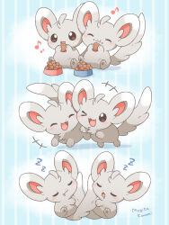&gt;_o +++ :3 :d :t ;d artist_name blue_background blush bowl brown_eyes closed_eyes closed_mouth commentary_request drooling eating gen_5_pokemon highres minccino mugita_konomi musical_note nintendo no_humans one_eye_closed open_mouth pet_bowl pet_food pokemon pokemon_(creature) sleeping smile striped_background zzz