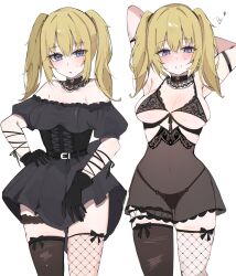1girl ani_(xai) armpits arms_behind_head asymmetrical_legwear bare_shoulders black_bra black_dress black_gloves black_panties black_thighhighs blonde_hair blush bra breasts dress eyelashes fishnet_thighhighs fishnets gloves hair_between_eyes hand_on_own_hip highres lingerie looking_at_viewer multiple_views navel panties puffy_short_sleeves puffy_sleeves purple_eyes see-through_clothes short_sleeves smile sweat thighhighs twintails twitter underwear waimoniku white_background xai_(company)