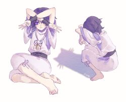 :3 armor arms_up barefoot black_bow black_sash blunt_ends bow cat_shadow_puppet closed_mouth clothing_cutout eyelashes eyeliner eyeshadow facing_down genshin_impact highres japanese_armor kote kurokote layered_sleeves light_blush looking_at_viewer makeup meme multiple_views purple_eyes purple_hair purple_sleeves rainbowsugarflower red_eyeliner red_eyeshadow sash scaramouche_(genshin_impact) scaramouche_(kabukimono)_(genshin_impact) shadow shorts shoulder_cutout sitting sleeves_rolled_up squatting tassel toes twitter_username white_shorts white_sleeves yokozuwari