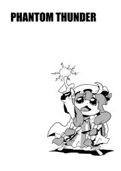 1girl bkub crescent crescent_moon english_text female_focus full_body greyscale hat monochrome moon patchouli_knowledge simple_background solo touhou