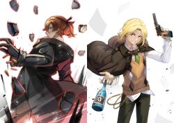 Rule 34 | 2boys, argyle clothes, argyle sweater vest, aura, between fingers, black coat, black gloves, black pants, black ribbon, black vest, blonde hair, blue eyes, bottle, brown jacket, bullet, bungou stray dogs, bungou to alchemist, coat, collared shirt, covered mouth, cowboy shot, crossover, curtained hair, dark aura, floating, floating object, floating rock, flying paper, from behind, gloves, green necktie, green pants, gun, hair between eyes, hair ribbon, hand up, handgun, holding, holding bottle, holding gun, holding weapon, jacket, long sleeves, looking at viewer, low ponytail, male focus, multiple boys, myagarin, nakahara chuuya (bungou stray dogs), nakahara chuuya (bungou to alchemist), name connection, necktie, open collar, orange hair, pants, paper, parted bangs, parted lips, ponytail, profile, red eyes, ribbon, rock, sake bottle, shirt, short ponytail, sideways glance, smile, split screen, standing, sweater vest, untucked shirt, v-shaped eyebrows, vest, wallet chain, weapon, white background, white shirt, yellow jacket, yellow sweater vest