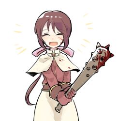 1girl :d acolyte_(ragnarok_online) blood blood_on_clothes blood_on_face bloody_weapon blush brown_gloves brown_hair brown_shirt closed_eyes club club_(weapon) commentary_request cowboy_shot gloves highres holding holding_club holding_weapon hunihuni long_hair long_sleeves low_ponytail open_mouth ponytail ragnarok_online shirt simple_background skirt smile solo spiked_club weapon white_background white_skirt