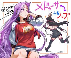 2girls :d back black_gloves black_hair blush blush_stickers boots breasts cosplay costume_switch dress elbow_gloves facial_mark fate/grand_order fate/stay_night fate_(series) forehead_mark gloves hat headphones headphones_around_neck holding holding_weapon jacket koha-ace long_hair medusa_(fate) medusa_(rider)_(fate) medusa_(rider)_(fate)_(cosplay) multiple_girls oda_nobunaga_(fate) oda_nobunaga_(koha-ace) oda_nobunaga_(swimsuit_berserker)_(fate) oda_nobunaga_(swimsuit_berserker)_(fate)_(cosplay) oda_nobunaga_(swimsuit_berserker)_(first_ascension)_(fate) open_clothes open_jacket open_mouth panties purple_eyes purple_hair purple_panties running sitting skirt smile square_pupils sweatdrop thigh_boots thighhighs torichamaru underwear very_long_hair weapon