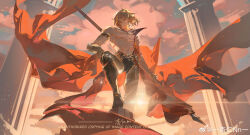Rule 34 | 1boy, absurdres, armor, armored boots, bare pectorals, belt, black coat, black pants, blonde hair, boots, braid, cape, chest tattoo, chinese commentary, clawed gauntlets, coat, commentary request, dawn, earrings, facial tattoo, gold earrings, gold necklace, gradient hair, hair between eyes, highres, honkai: star rail, honkai (series), jewelry, lens flare, male focus, medium hair, multicolored hair, mydei (honkai: star rail), necklace, open clothes, open coat, pants, pauldrons, pectorals, pillar, red cape, red hair, red tattoo, shoulder armor, side braid, single pauldron, solo, sunlight, tattoo, toned, toned male, watermark, weibo watermark, xrncp, yellow eyes