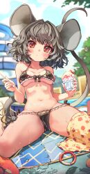 1girl absurdres animal_ears bikini blush breasts breasts_apart closed_mouth commentary day dot_mouth food frilled_bikini frills grey_hair head_tilt highres holding holding_spoon ice_cream looking_at_viewer medium_breasts medium_hair melaton mouse_(animal) mouse_ears mouse_girl mouse_tail navel nazrin outdoors red_eyes sitting solo spoon spread_legs stomach swimsuit tail touhou water_drop wet