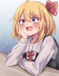 1girl ahoge anger_vein arm_rest ascot black_vest blonde_hair blush brown_eyes collared_shirt commentary_request elbow_rest elbows_on_table fang gradient_background grey_background hair_between_eyes hair_ribbon hand_on_own_cheek hand_on_own_face highres long_sleeves open_mouth red_ascot red_ribbon ribbon rumia shirt short_hair siw0n solo squiggle table textless_version touhou upper_body vest white_shirt