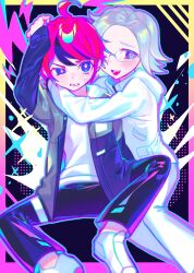 2boys ahoge aotsuki_eito black_background black_hair blue_eyes blush border glasses gradient_border hand_up highres hug multicolored_hair multiple_boys parted_hair pink_border red_hair simple_background spread_legs sumino_takumi the_hundred_line_-last_defense_academy- white_hair yaoi yellow_border