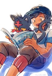 1boy bad_id bad_twitter_id baseball_cap black_hair black_hat bloom book chair creatures_(company) elio_(pokemon) game_freak gen_7_pokemon grey_eyes hat litten male_focus nintendo open_book pokemon pokemon_(creature) pokemon_sm reading shirt short_hair simple_background sitting skyloop19 smile striped_clothes striped_shirt swept_bangs t-shirt white_background