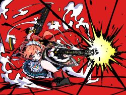 1girl ahoge blue_archive braid chain dr_yamero dual_wielding dynamic_pose eyes_visible_through_hair firing gangsta_hold gun highres holding holding_gun holding_weapon huge_ahoge jacket magazine_(weapon) maid_headdress mole mole_under_eye muzzle_flash neru_(blue_archive) orange_hair print_jacket red_background red_eyes sharp_teeth sig_mpx single_braid smoke squatting submachine_gun sukajan tag teeth uneven_eyes weapon