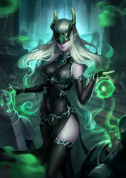 1girl 2boys afk_(series) afk_arena armor aura bare_shoulders black_gloves black_legwear bone breastplate character_request closed_mouth dark_aura fingernails gloves green_nails green_theme hair_slicked_back helm helmet highres horned_mask indoors long_fingernails long_hair magic mask multiple_boys nail_polish open_mouth pauldrons phamoz pointy_ears purple_lips shemira shoulder_armor skindentation skull smile turtleneck white_hair