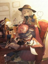 2girls absurdres artist_name birdcage black_cat black_hairband black_headwear blanket blouse blue_shirt blush book book_stack bookmark bookshelf bow buttons cage cat chair clock closed_mouth commission commissioner_upload corded_phone crumpled_paper cup desk desk_lamp diamond_button drawing_(object) eyebrows_hidden_by_hair frilled_sleeves frills green_eyes green_hair hair_between_eyes hair_ornament hairband hat hat_bow heart heart_hair_ornament heart_of_string highres holding holding_blanket hourglass indoors ink_stamp inkwell jar kaenbyou_rin kaenbyou_rin_(cat) komeiji_koishi komeiji_satori lamp long_hair long_sleeves looking_at_another mochacot multiple_girls non-web_source one_eye_covered open_book paper parted_lips phone picture_frame pink_hair pink_skirt plant potted_plant quill saucer shirt short_hair siblings sisters skirt skull sleeping slice_of_life smile teacup teapot third_eye touhou translated vial watermark wide_sleeves yellow_bow yellow_shirt