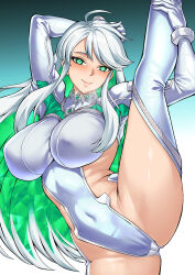 1girl boots breasts colored_inner_hair covered_navel fate/grand_order fate_(series) gloves green_eyes green_hair hadant juliet_sleeves kukulkan_(fate) kukulkan_(second_ascension)_(fate) large_breasts leotard long_hair long_sleeves looking_at_viewer multicolored_hair puffy_sleeves shrug_(clothing) sideless_outfit sidelocks smile solo split spread_legs standing standing_on_one_leg standing_split thigh_boots thighs white_boots white_gloves white_hair white_leotard white_shrug