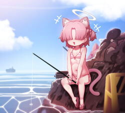 +++ 1girl absurdres animal_ears bikini blue_archive bow bow_choker cat_ears cat_girl cat_tail chlorella_observation_club_member_(blue_archive) chlorella_observation_club_member_(swimsuit)_(blue_archive) choker commentary fishing fishing_rod flat_chest hair_bobbles hair_ornament hair_over_eyes halo highres holding holding_fishing_rod mochikushi navel outdoors pink_bikini pink_bow pink_hair sandals short_hair side-tie_bikini_bottom sitting solo striped_bikini striped_clothes swimsuit tail toes two_side_up white_choker white_halo