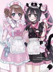 2girls animal_ears apron bandaid bandaid_on_arm black_choker black_dress black_hair blue_eyes blush bow braid braided_bun brown_hair cat_ears center-flap_bangs choker closed_mouth commentary double-parted_bangs dress frilled_choker frills hair_between_eyes hair_bow hair_bun hair_ribbon hat highres holding holding_hands holding_stethoscope holding_syringe long_hair looking_at_viewer min_(mts2314) multiple_girls nail_polish nurse nurse_cap original parted_lips pink_background pink_bow pink_choker pink_dress pink_nails pink_ribbon puffy_short_sleeves puffy_sleeves ribbon short_sleeves smile standing standing_on_one_leg stethoscope stethoscope_around_neck swept_bangs syringe twintails very_long_hair white_apron