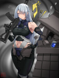 1girl ? ak-15 ak-15_(girls&#039;_frontline) armpit_crease artist_logo assault_rifle bare_shoulders braid breasts closed_mouth commentary_request cowboy_shot destruction elbow_gloves girls&#039;_frontline gloves grey_hair gun hair_between_eyes hair_over_one_eye hand_on_own_hip highres hokora_(shrine) holding holding_gun holding_weapon kalashnikov_rifle logo long_hair medium_breasts midriff motion_blur navel neoyamah over_shoulder purple_eyes rifle sidelocks solo standing tactical_clothes weapon weapon_over_shoulder