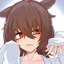 1girl absurdres agnes_tachyon_(umamusume) ahoge animal_ears arms_up bags_under_eyes brown_hair collarbone ears_down hair_between_eyes highres horse_ears horse_girl long_hair long_sleeves minmin731_ing parted_lips red-eye_effect sleeves_past_wrists solo tongue tongue_out umamusume