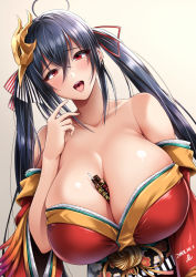 1girl ahoge azur_lane bare_shoulders between_breasts black_hair blush bottle breasts cleavage collarbone dated eyelashes female_focus floral_print hair_between_eyes hair_ornament hair_ribbon highres huge_breasts japanese_clothes kimono long_hair looking_at_viewer obi off_shoulder open_mouth red_eyes red_kimono ribbon sash simple_background smile solo taihou_(azur_lane) translation_request twintails very_long_hair wide_sleeves yoohi