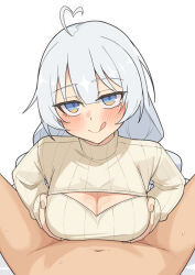 Rule 34 | 1boy, 1girl, absurdres, ahoge, blue eyes, breasts, cleavage, cleavage cutout, clothing cutout, gukr4322, heart, heart ahoge, highres, kizuna akari, large breasts, licking lips, looking at viewer, lube, meme attire, naughty face, open-chest sweater, paizuri, paizuri under clothes, pov, sweater, tongue, tongue out, turtleneck, turtleneck sweater, vocaloid, voiceroid, white background