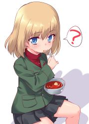 1girl ? black_skirt blonde_hair blue_eyes blush bowl commentary_request eating fang female_focus food food_on_face girls_und_panzer green_jacket highres holding holding_bowl holding_spoon insignia jacket katyusha_(girls_und_panzer) kuzuryuu_kennosuke light_blush long_sleeves looking_at_viewer miniskirt one-hour_drawing_challenge pleated_skirt pravda_school_uniform red_shirt school_uniform shirt short_hair sitting skirt solo soup spoken_question_mark spoon turtleneck white_background