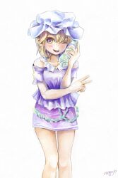 Rule 34 | 1girl, bare shoulders, blonde hair, bottle, bottle to cheek, collar, commentary request, feet out of frame, hat, highres, holding, holding bottle, knees, maribel hearn, medium hair, mob cap, nagayo, purple shirt, purple skirt, shirt, simple background, skirt, solo, thighs, touhou, v, water bottle, white background, white collar, white hat, yellow eyes