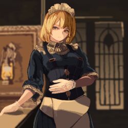 Rule 34 | 1girl, blonde hair, blue dress, brooch, corset, door, dress, frilled sleeves, frills, gloves, jewelry, lotus land story, maid, maid headdress, mugetsu (touhou), nukekip, painting (object), photo-referenced, pixel art, puffy sleeves, see-through clothes, see-through gloves, short hair, skirt, solo, suspender skirt, suspenders, touhou, touhou (pc-98), yellow eyes