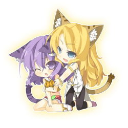 2girls animal_ears ao_no_kiseki blonde_hair blue_eyes blush cat_ears cat_girl cat_tail chibi eiyuu_densetsu falcom female_focus full_body ilya_platiere kemonomimi_mode kneeling long_hair multiple_girls purple_eyes purple_hair rixia_mao saru short_hair shorts smile tail wink