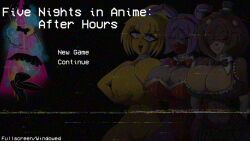 3girls animal_ears black_background black_bow black_bowtie black_panties black_skirt black_thighhighs blonde_hair bonnie_(fnaf) bow bowtie breasts brown_hair chica cleavage closed_eyes colored_skin commentary completely_nude covering_breasts covering_privates crop_top elbow_gloves english_commentary english_text five_nights_at_freddy&#039;s five_nights_in_anime:_after_hours_(fangame) five_nights_in_anime_(fangame) freckles_on_breasts freddy_fazbear frills furry furry_female game_screenshot gloves hands_on_own_chest hat highres huge_breasts large_breasts leotard midriff mini_hat mini_top_hat multiple_girls navel non-web_source nude open_mouth panties pink_eyes playboy_bunny ponytail purple_hair red_bow red_bowtie red_gloves red_leotard screencap shiny_skin short_hair short_shorts shorts simple_background skirt smile static strapless strapless_leotard thighhighs thong title tongue top_hat underwear unzipped video_game white_gloves