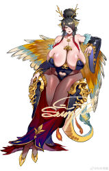 1girl b.sa_(bbbs) bad_tag bare_shoulders black_hair breasts cleavage detached_sleeves full_body hair_bun hair_ornament hair_over_one_eye highres huge_breasts jewelry looking_at_viewer makeup mole mole_under_mouth necklace original pantyhose pubic_hair red_eyes sagging_breasts shiny_skin simple_background single_hair_bun solo standing white_background