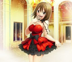 1girl bare_shoulders breasts cleavage dress elie frilled_dress frills large_breasts looking_at_viewer official_art rave_(manga) red_dress smile