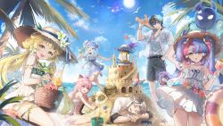 2boys 4girls aalto_(wuthering_waves) absurdres alternate_costume bare_shoulders black_flower blake_bloom_(wuthering_waves) blonde_hair blue_dress blue_hair blue_sky brant_(wuthering_waves) closed_eyes commentary cup day dress drinking_glass encore_(wuthering_waves) english_commentary eyewear_on_head flower fractalmagnolia green_eyes hair_flower hair_ornament hat highres holding holding_cup holding_swim_ring innertube juice low_twintails multicolored_hair multiple_boys multiple_girls open_mouth orange_juice outdoors pink_hair purple_hair roccia_(wuthering_waves) shirt short_hair sky sleeping smile straw_hat sun sunglasses swim_ring tacet_mark_(wuthering_waves) thighs twintails two-tone_hair verina_(wuthering_waves) white_dress white_hair white_shirt wuthering_waves youhu_(wuthering_waves)
