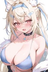 1girl animal_ears blonde_hair breasts cleavage collar dog_ears foame fuwawa_abyssgard fuwawa_abyssgard_(1st_costume) hanging_breasts headband hololive large_breasts looking_at_viewer pink_eyes side_ponytail smile underwear unzipped virtual_youtuber white_background