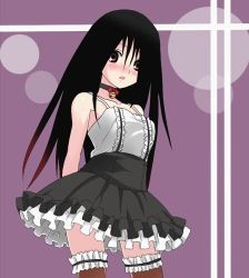 00s 1girl bell black_hair blush brown_eyes collar cowboy_shot dress ekra female_focus frills komori_kiri long_hair lowres midriff miniskirt neck_bell sayonara_zetsubou_sensei skirt solo thighhighs