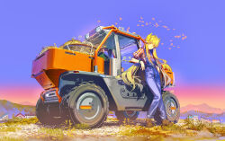 1girl absurdres alternate_costume arknights blonde_hair blue_overalls closed_mouth full_moon highres long_hair looking_at_viewer lyuqiu moon muelsyse_(arknights) overalls scenery shirt smile striped_clothes striped_shirt vertical-striped_clothes vertical-striped_shirt