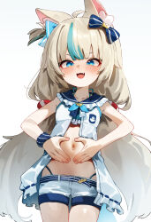 1girl animal_ear_fluff animal_ears bikini bikini_under_clothes blonde_hair blue_bikini blue_eyes blue_hair commentary english_commentary fang fins fish_girl fish_tail highres indie_virtual_youtuber kani_fish lifebuoy_hair_ornament long_hair looking_at_viewer multicolored_hair navel open_mouth sameko_saba short_shorts shorts simple_background skin_fang solo streaked_hair swimsuit tail v-shaped_eyebrows white_background white_shorts
