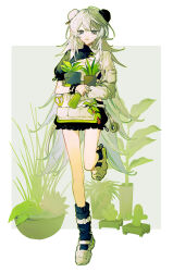1girl absurdres arknights asymmetrical_clothes asymmetrical_sleeves bead_bracelet beads black_bloomers bloomers bracelet breasts bun_cover cleavage_cutout clothing_cutout double_bun expressionless feather_hair full_body hair_between_eyes hair_bun highres holding jacket jewelry long_hair mulberry_(arknights) mulberry_(plant_crude_drug)_(arknights) nanashi_74 official_alternate_costume open_mouth plant potted_plant purple_eyes shoes simple_background sneakers socks solo spray_can standing standing_on_one_leg underwear very_long_hair white_hair white_jacket white_sneakers