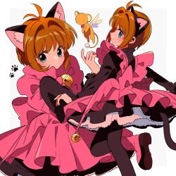 1girl animal_ears antenna_hair apron bell black_dress black_hairband black_pantyhose boots brown_hair cardcaptor_sakura cat_ears cat_tail closed_mouth dress fake_animal_ears frilled_apron frills from_side green_eyes hair_intakes hairband highres jingle_bell kero_(cardcaptor_sakura) kinomoto_sakura kinomoto_sakura_(kitty) layered_dress leg_up long_sleeves looking_at_viewer multiple_views neck_bell official_alternate_costume pantyhose paw_print pink_apron pink_boots sanamaru_(sana79261827) simple_background smile standing standing_on_one_leg tail white_background