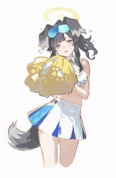 1girl animal_ears black_hair blue_archive dog_ears dog_tail goggles goggles_on_head halo hibiki_(blue_archive) hibiki_(cheer_squad)_(blue_archive) highres holding holding_pom_poms looking_at_viewer midriff millennium_cheerleader_outfit_(blue_archive) miniskirt official_alternate_costume official_alternate_hairstyle pom_pom_(cheerleading) pom_poms simple_background skirt soybean_(hisoybean) star_sticker sweat tail white_background