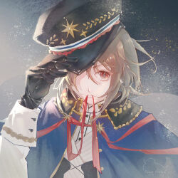 1girl alternate_costume blue_capelet brown_eyes brown_hair capelet gensou_getsumen_rt gradient_background hat_tip highres long_sleeves one_eye_closed portrait rozen_maiden solo souseiseki