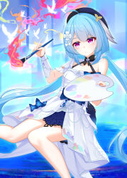 Rule 34 | 1girl, absurdres, ahoge, beret, blue hair, breasts, chinese commentary, commentary request, dress, flower, griseo, griseo (starry impression), hair flower, hair ornament, hat, highres, holding, holding paint palette, holding paintbrush, honkai (series), honkai impact 3rd, long hair, paint palette, paintbrush, purple eyes, small breasts, solo, sorayo noriyuki, white dress