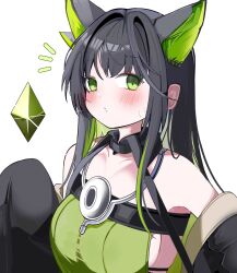 1girl absurdres arknights bare_shoulders black_hair black_jacket blush breasts crystal green_eyes green_hair green_skirt hair_intakes highres jacket large_breasts looking_at_viewer medium_hair mon3tr_(arknights) multicolored_hair notice_lines personification sideboob simple_background skirt sleeves_past_fingers sleeves_past_wrists solo spam_(spamham4506) streaked_hair upper_body white_background
