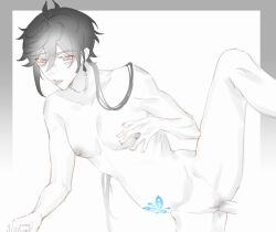 2boys blush eyeliner genshin_impact greyscale hand_on_own_chest highres leg_raised long_hair makeup male_pregnancy monochrome multiple_boys penis ppttlyr pregnant red_eyeliner reverse_newhalf sex solo_focus spread_legs stomach_tattoo tattoo tongue tongue_out white_background zhongli_(genshin_impact)