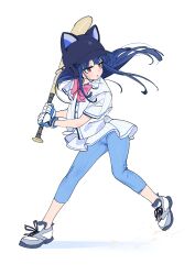 1girl absurdres animal_ears_helmet animal_helmet bad_id bad_pixiv_id baseball_bat baseball_helmet baseball_uniform blue_hair blue_leggings bow bowtie cameltoe commentary_request dorontabi full_body gloves helmet highres holding holding_baseball_bat idolmaster idolmaster_cinderella_girls leggings long_hair pink_bow pink_bowtie red_eyes sajo_yukimi shoes solo sportswear white_gloves