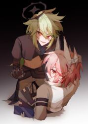 2boys aotu_world armband belt black_belt black_gloves black_jacket black_shirt chinese_commentary crop_top cropped_jacket gloves gradient_background green_hair grey_pants hair_between_eyes halo highres jacket kneeling long_hair long_sleeves looking_at_viewer looking_back low_ponytail lying male_focus mengmengheibaiwuchang midriff multicolored_eyes multiple_boys navel open_mouth pants pius_(aotu_world) ponytail red_eyes red_hair shade shirt short_hair smile white_jacket xander_(aotu_world) yaoi yellow_eyes
