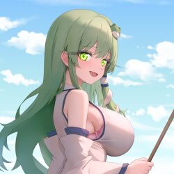 1girl absurdres bare_shoulders blue_sky bra bra_peek breasts cloud cloudy_sky detached_sleeves frog_hair_ornament from_side green_eyes green_hair hair_between_eyes hair_ornament hair_tubes highres kochiya_sanae large_breasts long_hair looking_at_viewer looking_to_the_side open_mouth pink_bra shirt single_hair_tube sky smile snake_hair_ornament solo sugar_you touhou underwear upper_body white_shirt