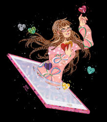 Rule 34 | 1girl, black background, brown hair, cellphone, collage (medium), commentary, commission, dots, english commentary, glasses, heart, heart print, holding, holding heart, long hair, long sleeves, off shoulder, open mouth, paper cutout (medium), papercraft (medium), phone, pink sweater, print sweater, protagonist (susanghan messenger), puffy long sleeves, puffy sleeves, smartphone, smile, solo, susanghan messenger, sweater, tumblr username, unconventional media, yutaan