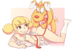 1boy 1girl ass bestiality blonde_hair border brain_(inspector_gadget) closed_mouth collarbone dic_entertainment dog dress eyebrows eyebrows_hidden_by_hair eyelashes feet_up full_body green_eyes imminent_penetration inspector_gadget jewelry loli looking_back necklace penis penny_(inspector_gadget) simple_background smile spread_legs twintails uncensored utilizator white_border white_dress
