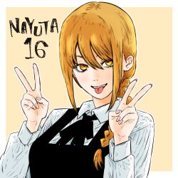 1girl aged_up black_dress black_ribbon blonde_hair border braid braided_ponytail chainsaw_man character_age character_name double_v dress fingernails highres isuke_(isuke_now) long_sleeves looking_at_viewer mole mole_under_eye nayuta_(chainsaw_man) neck_ribbon pinafore_dress ribbon ringed_eyes school_uniform shirt sidelocks sleeveless sleeveless_dress solo tongue tongue_out upper_body v white_border white_shirt yellow_background yellow_eyes