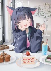 Rule 34 | 1girl, :d, ^ ^, absurdres, animal ears, aya (lezon), black hair, black jacket, blue archive, blush, cafe, cake, cat ears, cat girl, closed eyes, colored inner animal ears, colored inner hair, commentary, cup, cupcake, drinking glass, elbows on table, extra ears, food, fork, halo, hand on own cheek, hand on own face, happy, head rest, highres, holding, holding fork, hood, hood down, hooded jacket, ice cream, ice cream float, indoors, jacket, kazusa (blue archive), multicolored hair, open mouth, pink hair, pink halo, plate, short hair, smile, solo, strawberry shortcake, upper body