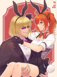 1boy 1girl black_gloves black_hairband black_jacket blonde_hair bow bow_hairband bowtie carrying fate/grand_order fate_(series) fujimaru_ritsuka_(female) gloves hairband hetero highres jacket looking_at_another one_side_up orange_bow orange_hair parted_lips princess_carry purple_bow purple_bowtie sakata_kintoki_(fate) short_hair sunglasses zanshi